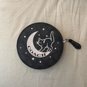 NWT Coach Halloween Black Round Coin Purse with Cat and Moon Design